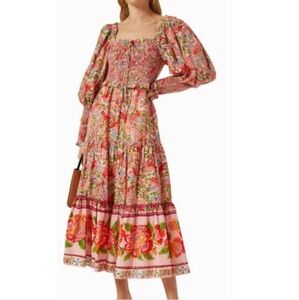 Farm Rio Pink Macaw Flight Puff Long Sleeve Smocked Top Midi Dress Size XL